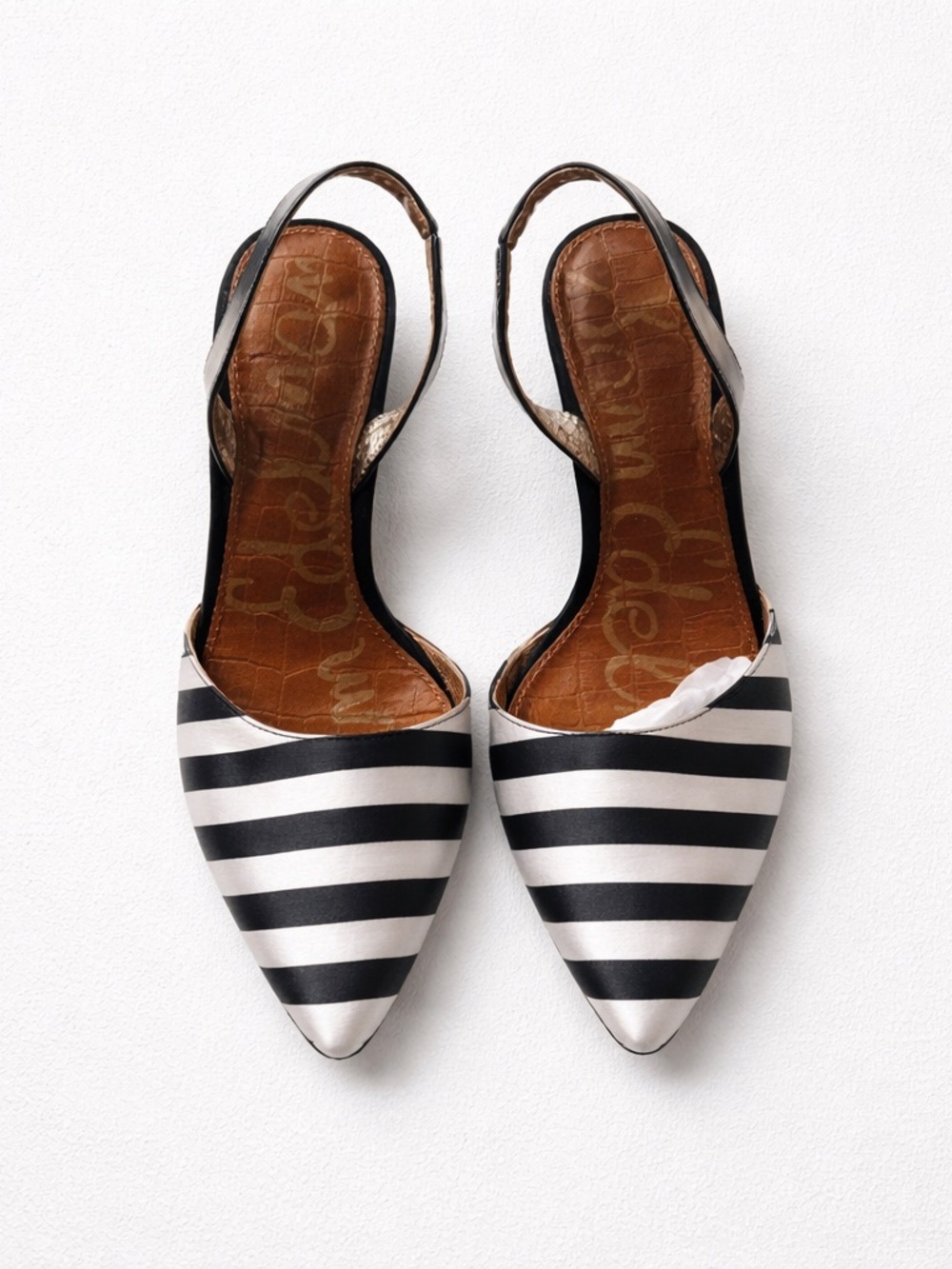 Sam Edelman Black and White Striped Pointed-Toe Slingback Heels